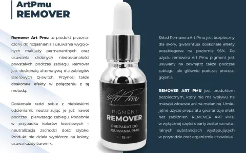 Butelka z preparatem Remover Art Pmu do usuwania makijażu permanentnego, z pipetą. Skuteczny i bezpieczny dla skóry.