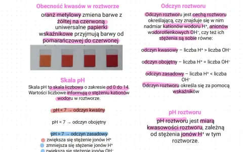 Paski papierka uniwersalnego zmieniają barwę od pomarańczowej do czerwonej, wskazując na obecność kwasów i ich stężenie. pH roztworu mierzy kwasowość.