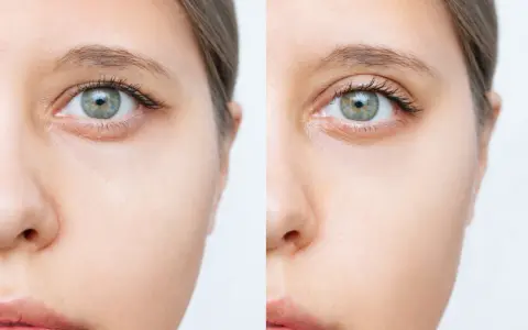 Przed i po zabiegu direct brow lift. Widoczne uniesienie brwi, odmłodzenie spojrzenia.