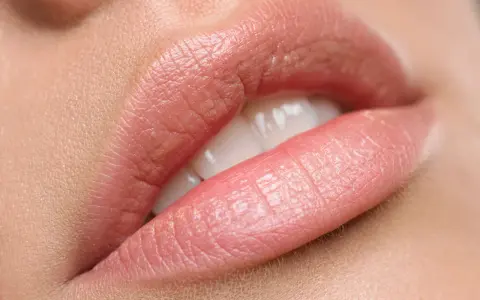 Zbliżenie na usta po makijażu permanentnym nude. Delikatny, naturalny kolor podkreśla ich kształt.