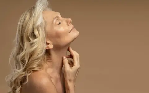 Kobieta z blond włosami i zamkniętymi oczami delikatnie dotyka szyi. Jej skóra w okresie menopauzy jest widoczna, podkreślając naturalne piękno.