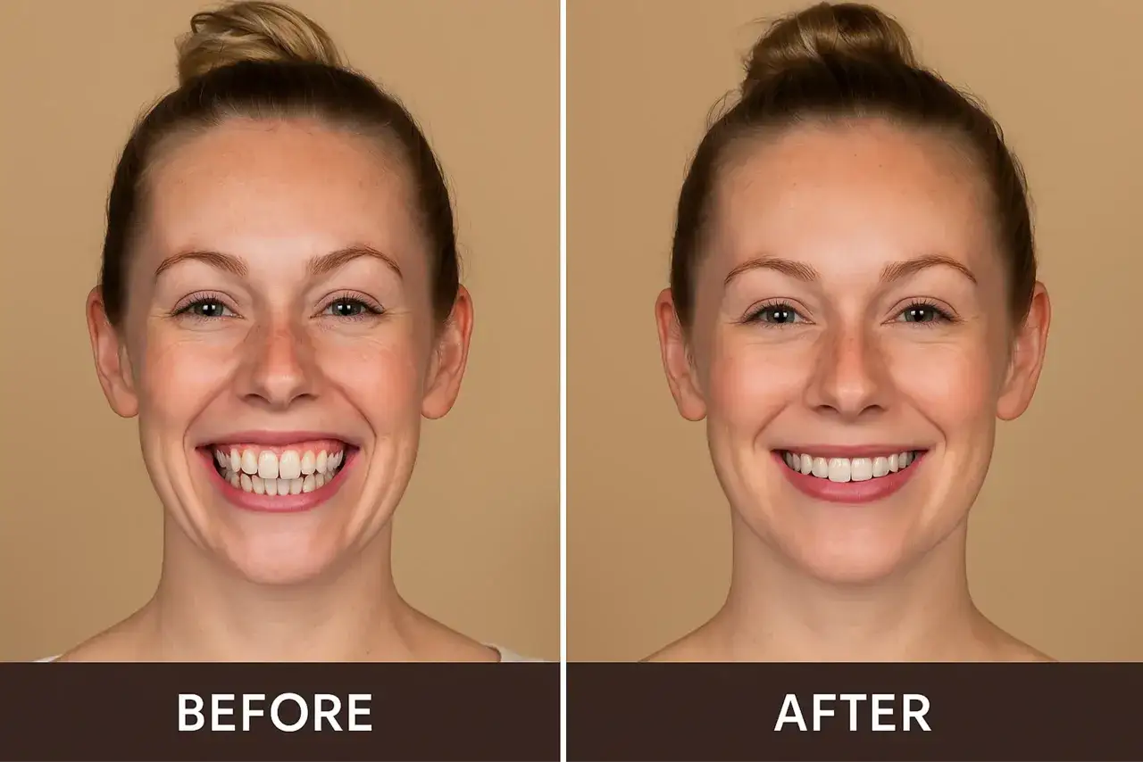 Przed i po: uśmiech kobiety z widocznymi dziąsłami (gummy smile) i po korekcie, gdzie uśmiech jest bardziej zrównoważony.
