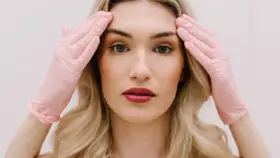 Kobieta z blond włosami w różowych rękawiczkach dotyka skroni. Przygotowanie do zabiegu, jakim jest liposukcja twarzy, by uzyskać idealny kontur.