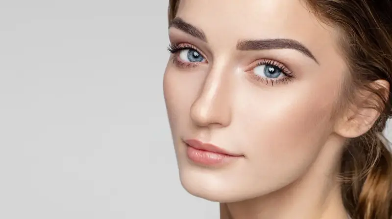 Delikatne rysy twarzy, podkreślone subtelnie zaznaczone mięśnie brody, błękitne oczy i perfekcyjny makijaż.